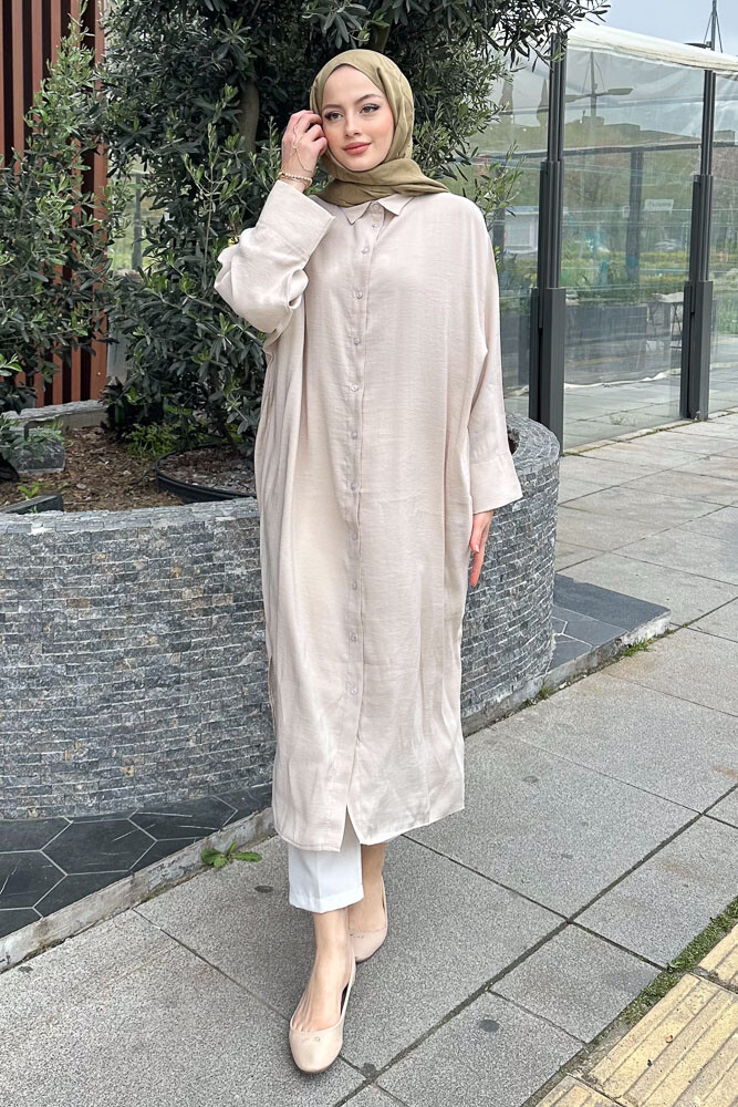 Uzun Tencel Gömlek - Bej - 6