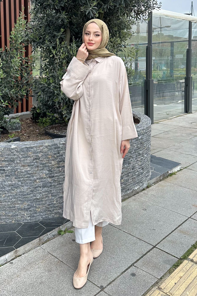 Uzun Tencel Gömlek - Bej - ENMA (1)