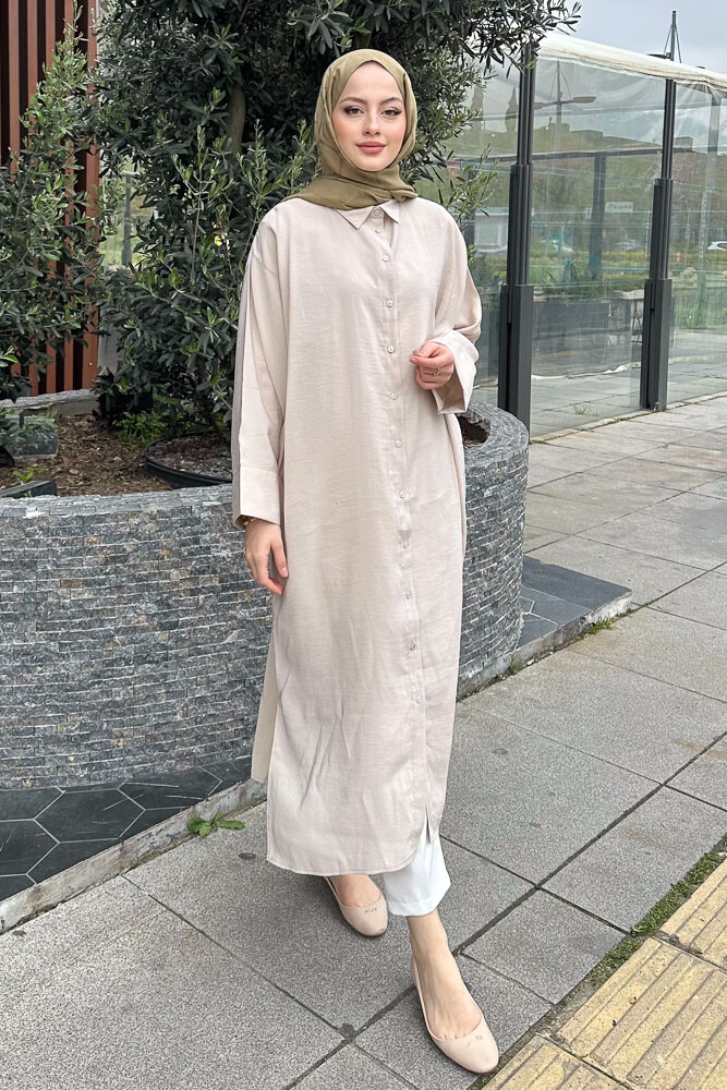 Uzun Tencel Gömlek - Bej - 4