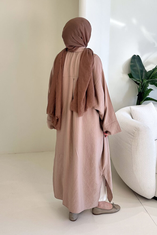 Uzun Tencel Gömlek - Bej - 8