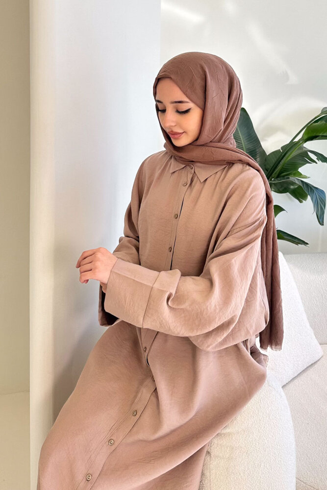 Uzun Tencel Gömlek - Bej - ENMA (2)