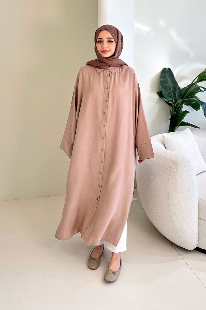Uzun Tencel Gömlek - Bej - ENMA (0)