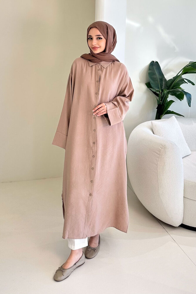 Uzun Tencel Gömlek - Bej - 6