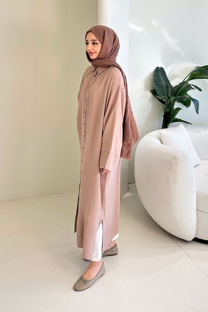 Uzun Tencel Gömlek - Bej - 7