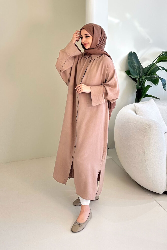 Uzun Tencel Gömlek - Bej - 2