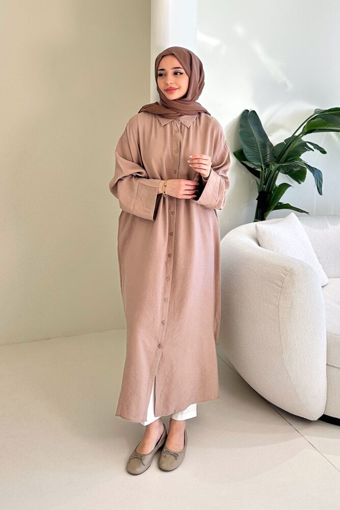 Uzun Tencel Gömlek - Bej - 4