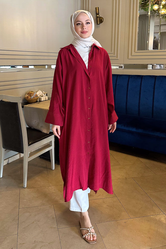 Uzun Tencel Gömlek - Bordo - 1