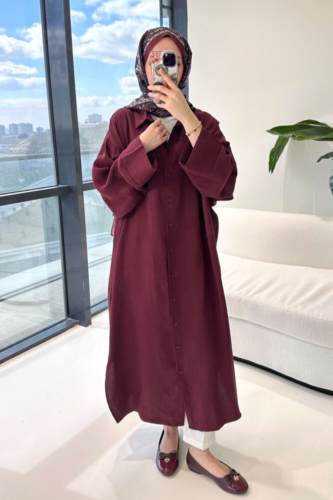 Uzun Tencel Gömlek - Bordo - ENMA (5)