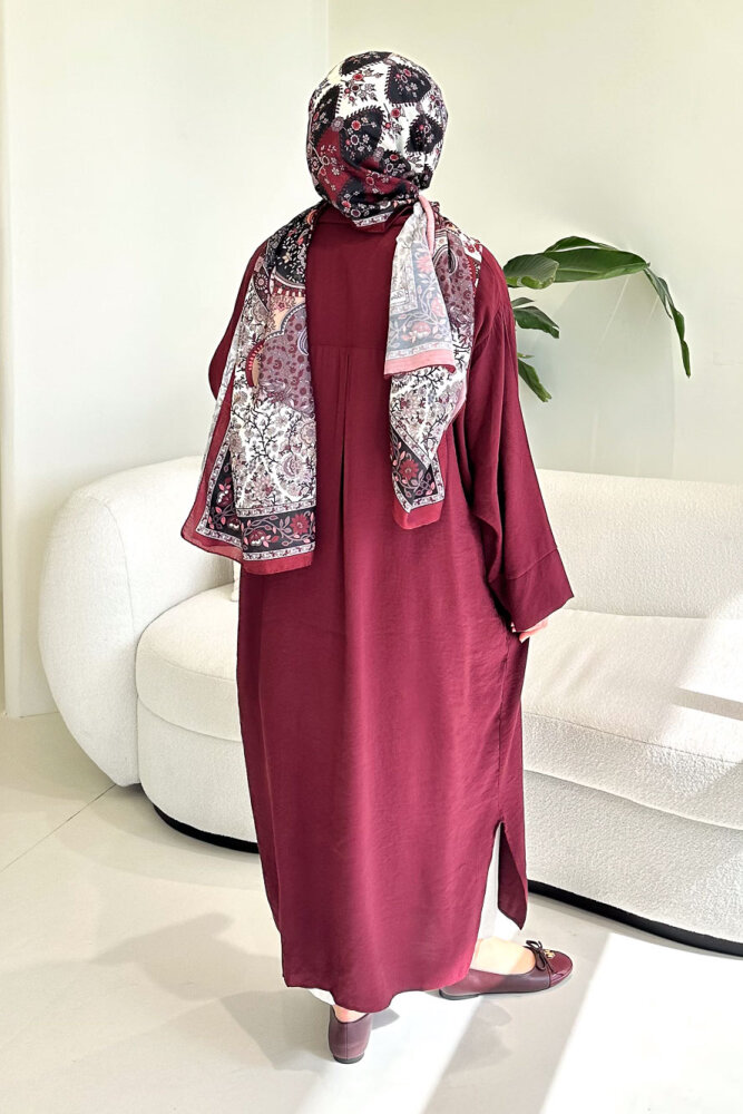 Uzun Tencel Gömlek - Bordo - 10