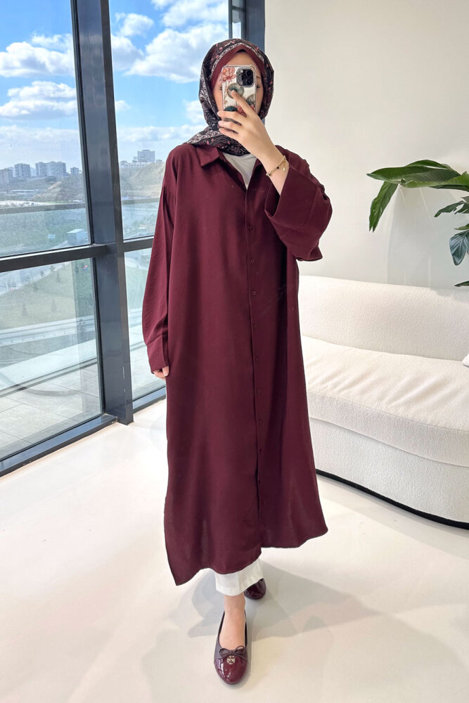 Uzun Tencel Gömlek - Bordo - ENMA (4)