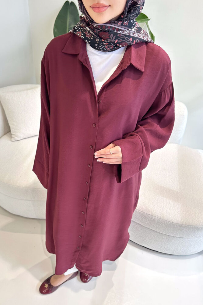 Uzun Tencel Gömlek - Bordo - 7