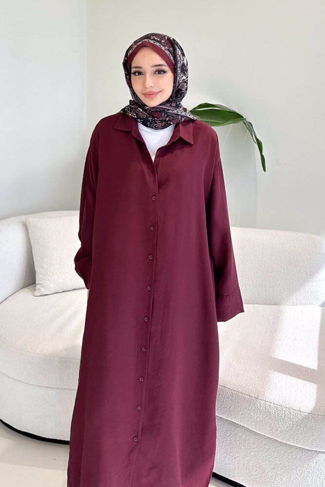 Uzun Tencel Gömlek - Bordo - 8