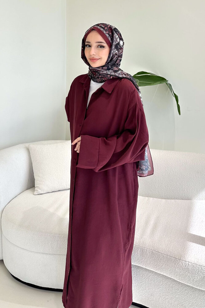Uzun Tencel Gömlek - Bordo - 2