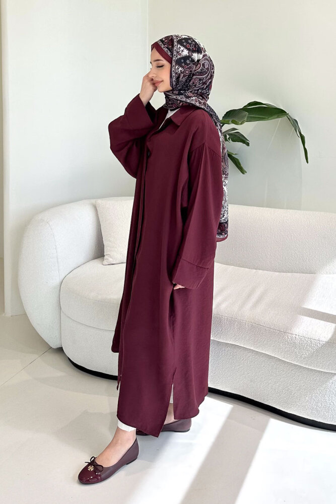 Uzun Tencel Gömlek - Bordo - 9