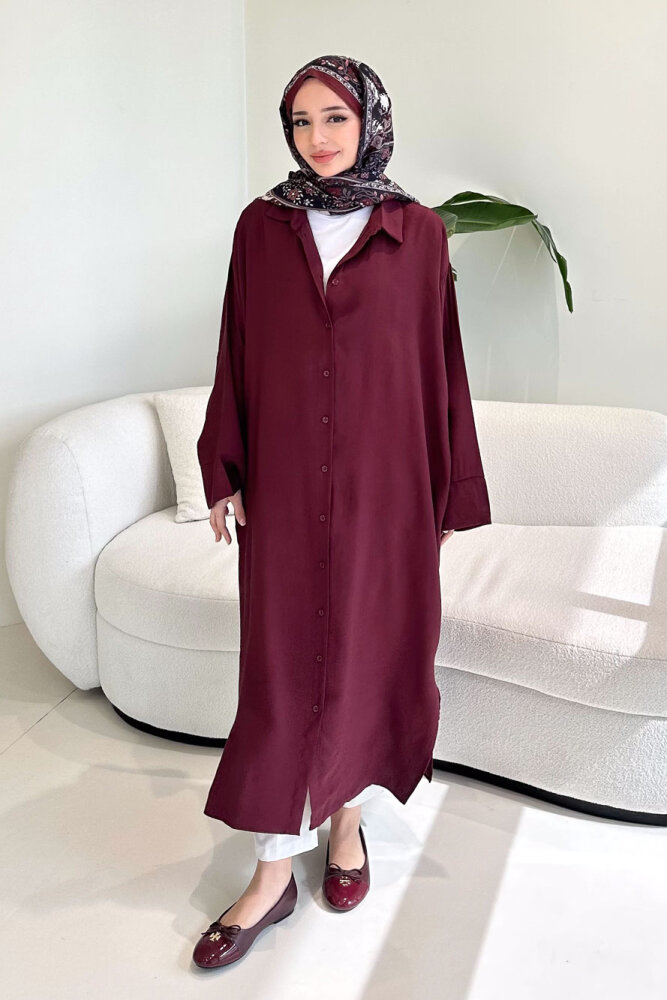 Uzun Tencel Gömlek - Bordo - 6