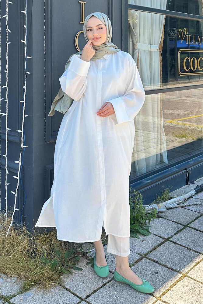 Uzun Tencel Gömlek - Ekru - ENMA (3)