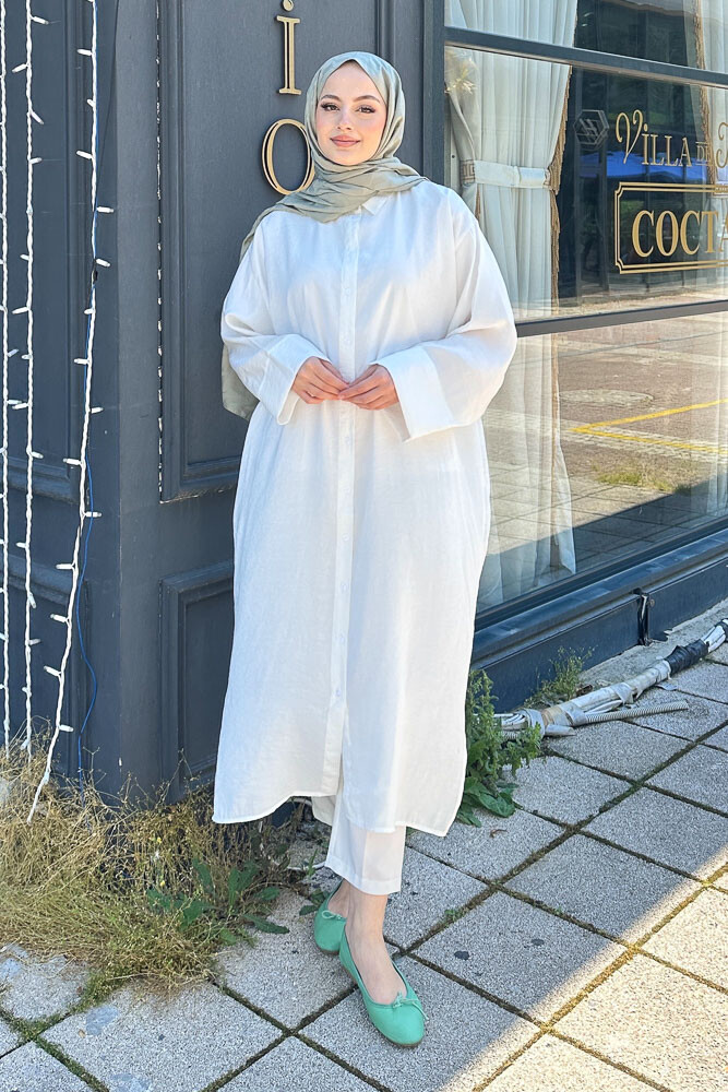 Uzun Tencel Gömlek - Ekru - ENMA (2)