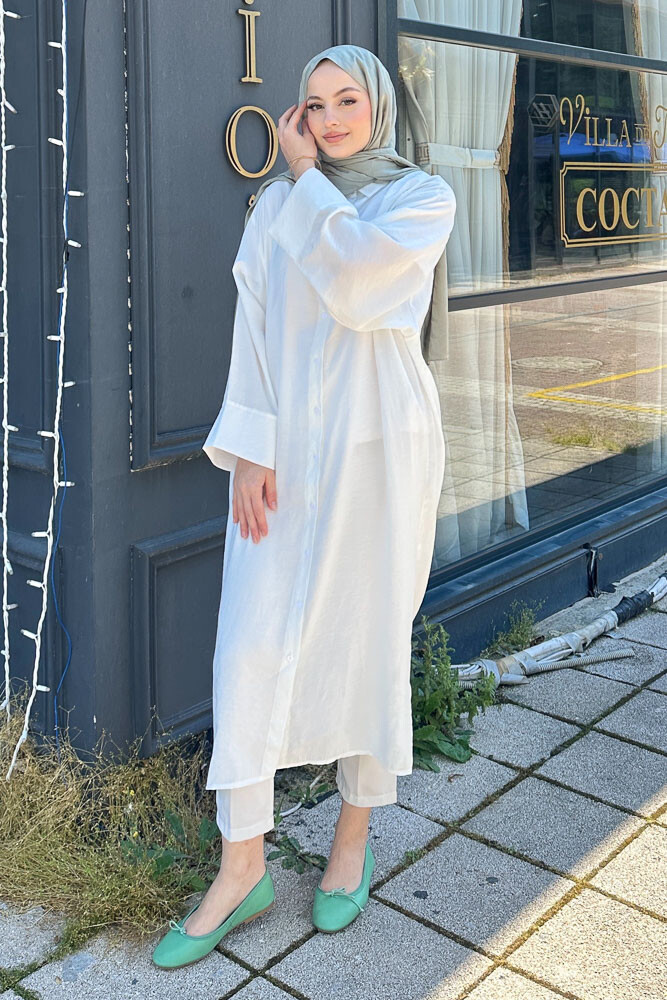 Uzun Tencel Gömlek - Ekru - ENMA (5)