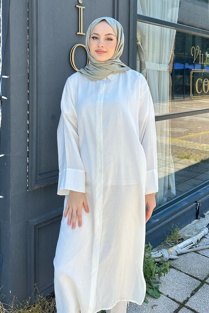Uzun Tencel Gömlek - Ekru - 5