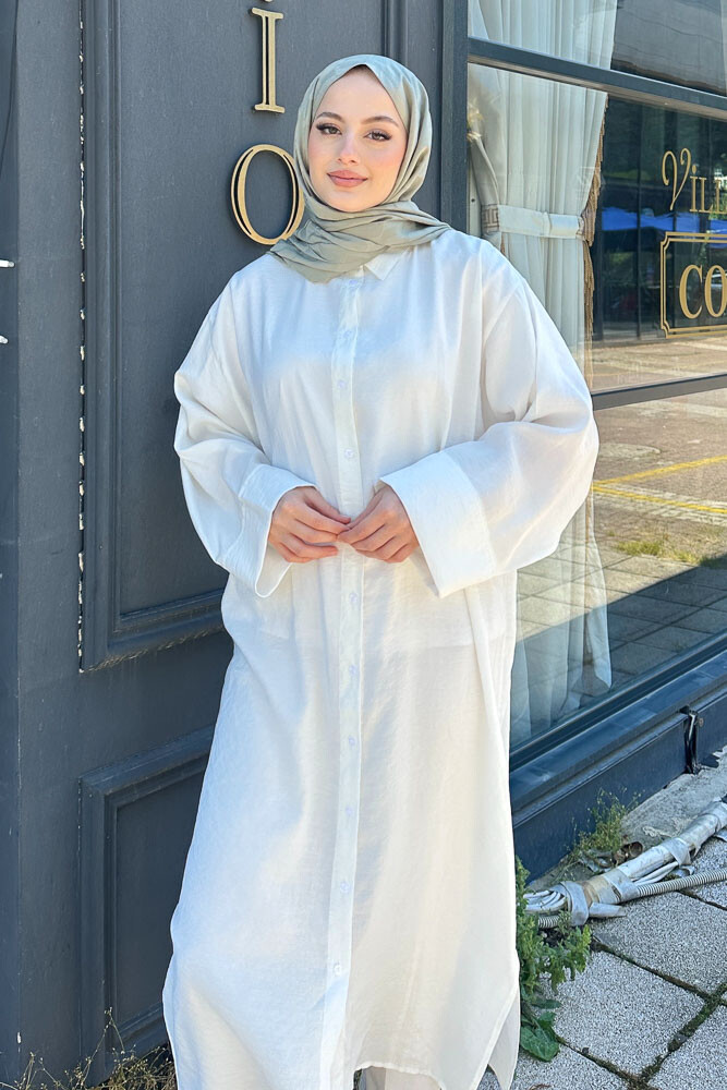 Uzun Tencel Gömlek - Ekru - ENMA (1)