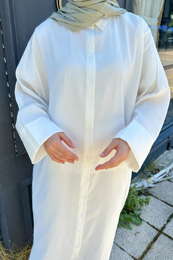 Uzun Tencel Gömlek - Ekru - 7