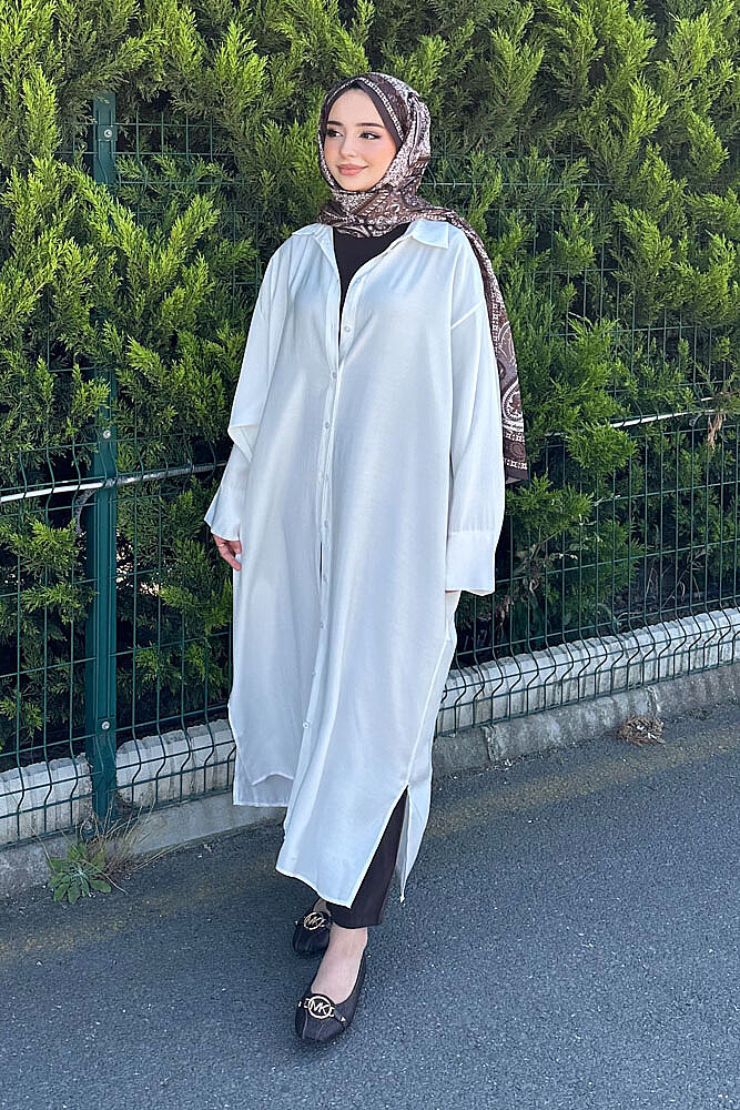 Uzun Tencel Gömlek - Ekru - 3