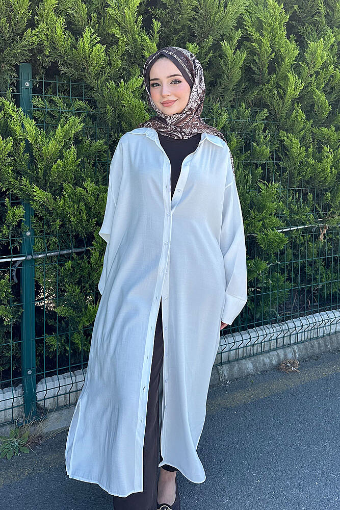 Uzun Tencel Gömlek - Ekru - ENMA (1)