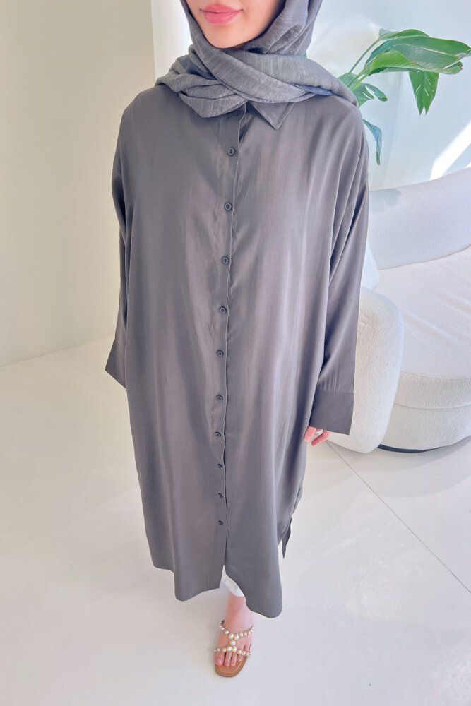 Uzun Tencel Gömlek - Haki - 3