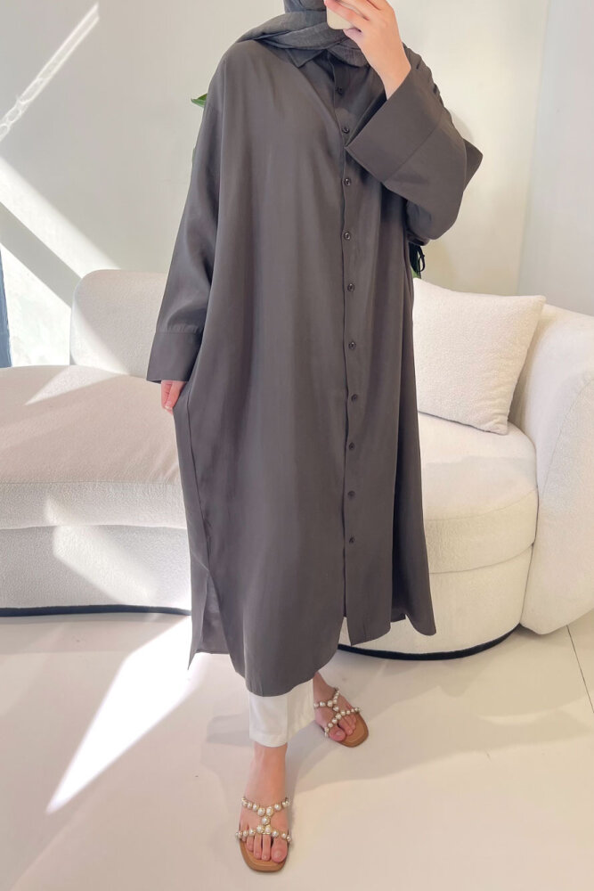 Uzun Tencel Gömlek - Haki - 5