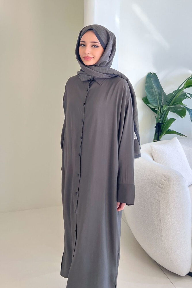 Uzun Tencel Gömlek - Haki - 2