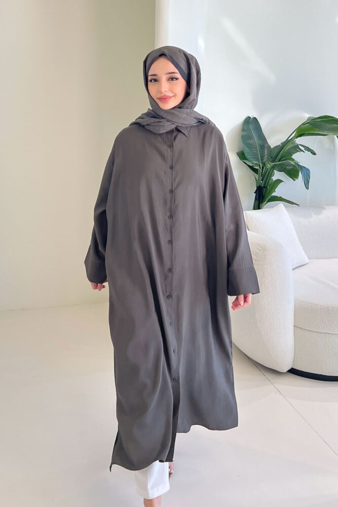 Uzun Tencel Gömlek - Haki - 7