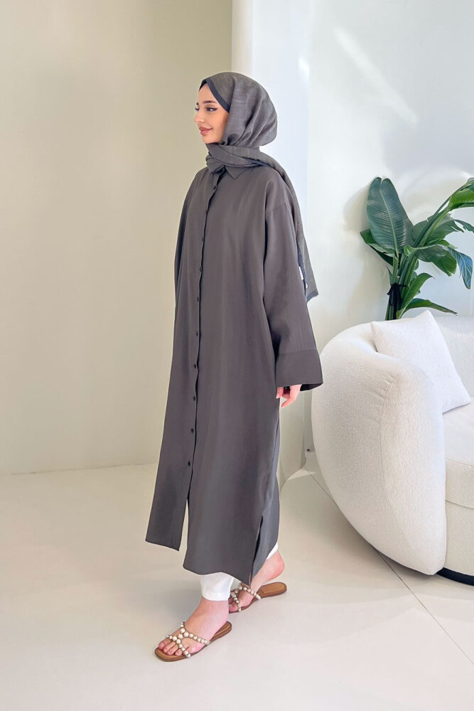 Uzun Tencel Gömlek - Haki - 4