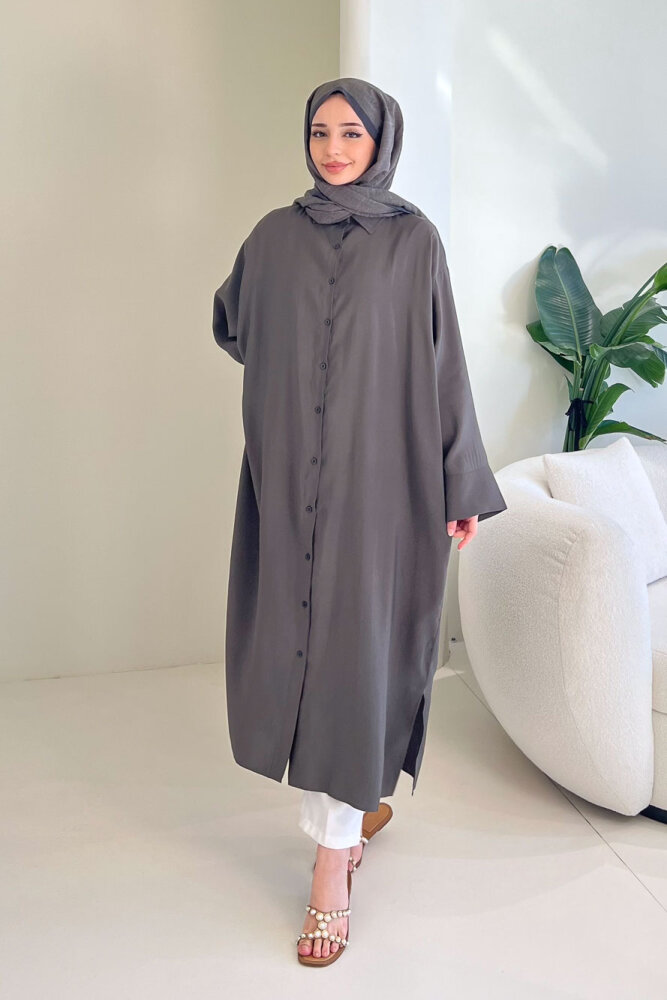 Uzun Tencel Gömlek - Haki - 1