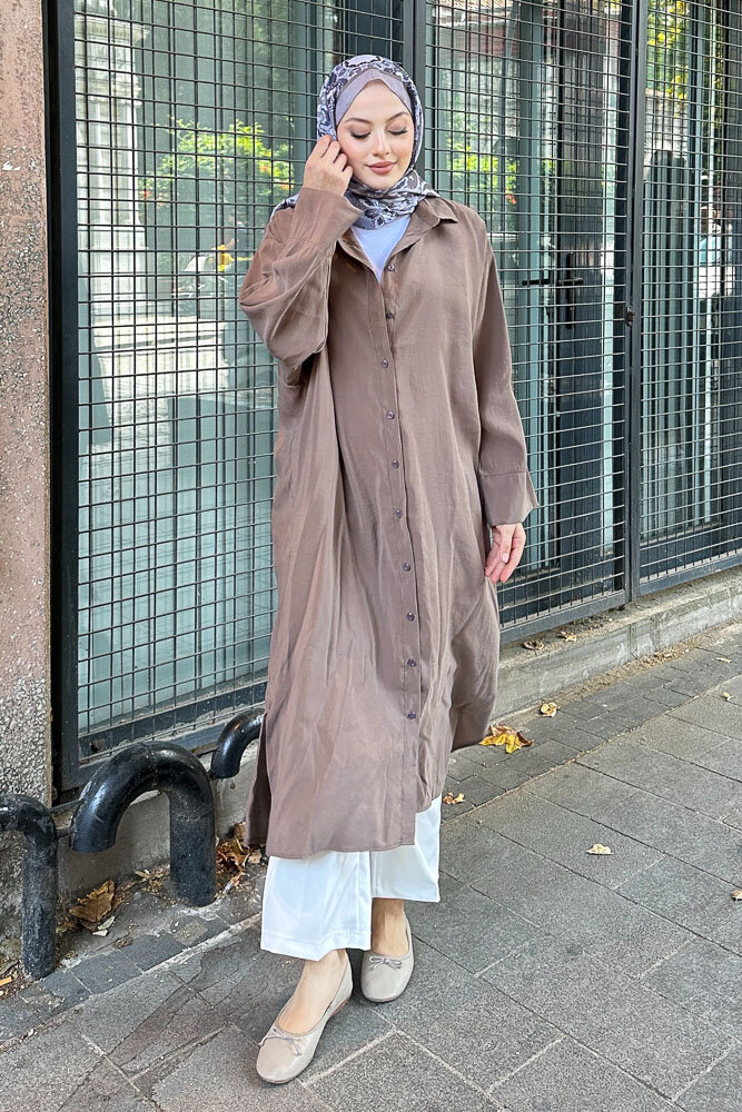 Uzun Tencel Gömlek - Kahverengi - ENMA (5)