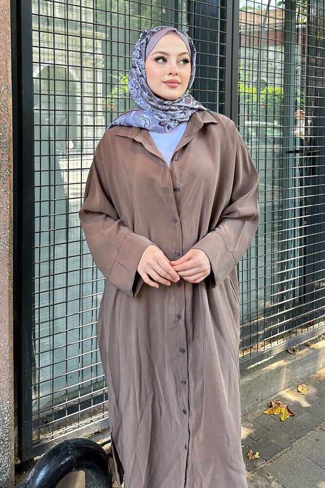 Uzun Tencel Gömlek - Kahverengi - ENMA (2)