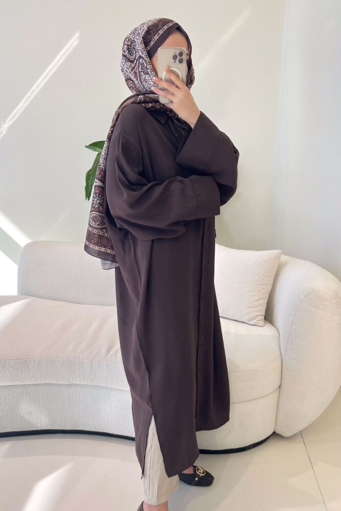 Uzun Tencel Gömlek - Kahverengi - 8