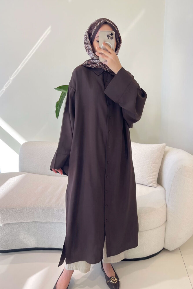 Uzun Tencel Gömlek - Kahverengi - 1