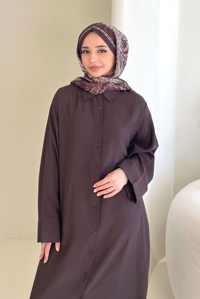 Uzun Tencel Gömlek - Kahverengi - 7