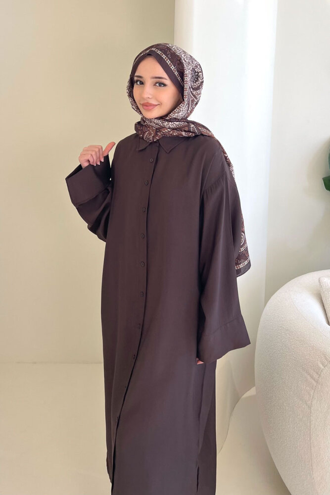 Uzun Tencel Gömlek - Kahverengi - 3