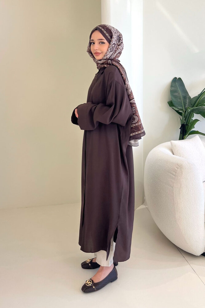 Uzun Tencel Gömlek - Kahverengi - 4