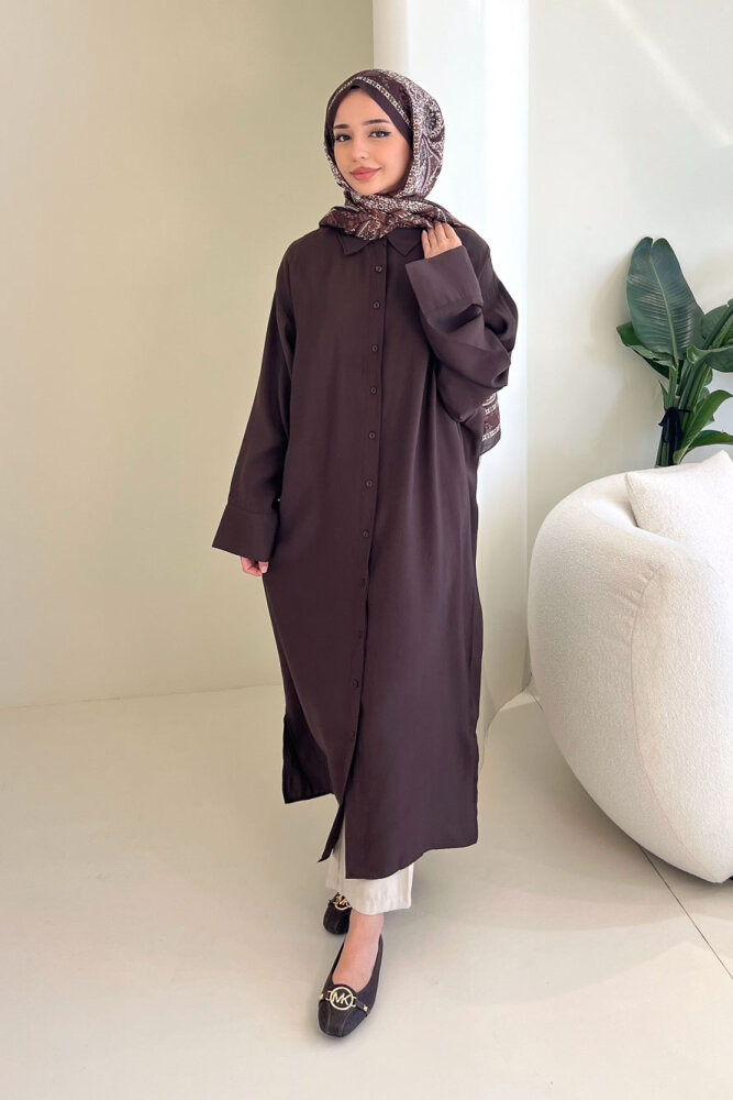 Uzun Tencel Gömlek - Kahverengi - 2