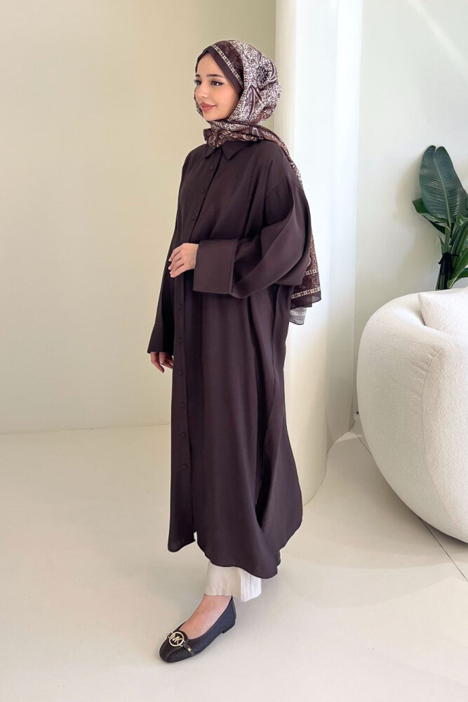 Uzun Tencel Gömlek - Kahverengi - ENMA (5)