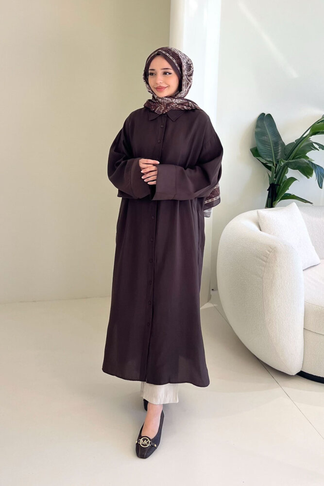 Uzun Tencel Gömlek - Kahverengi - 5