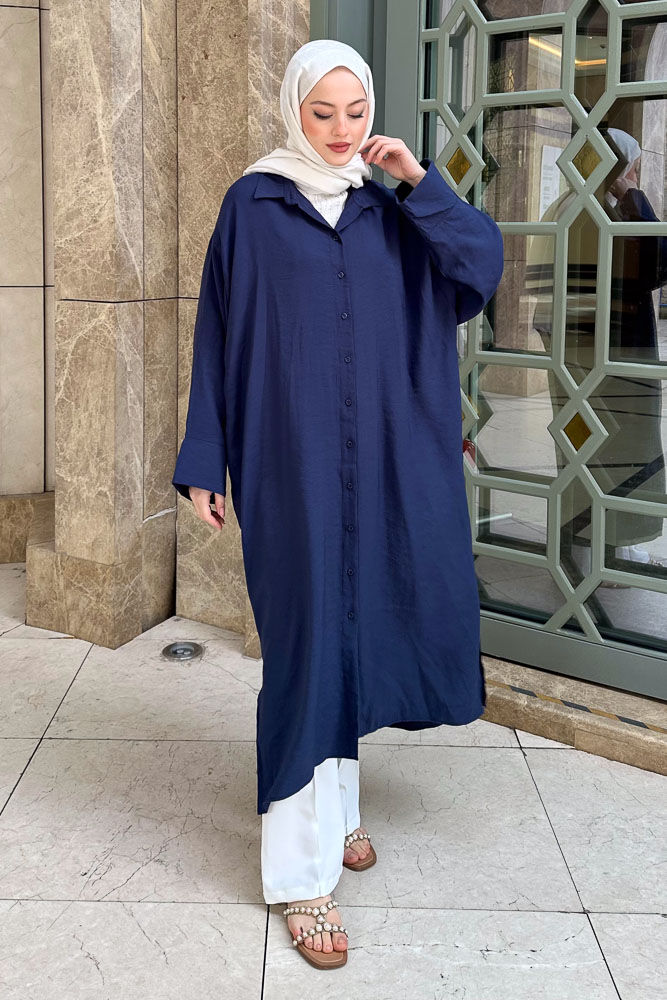 Uzun Tencel Gömlek - Lacivert - ENMA (5)