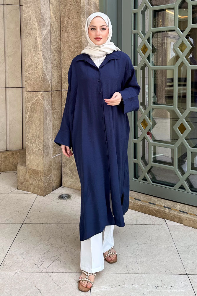 Uzun Tencel Gömlek - Lacivert - ENMA (4)