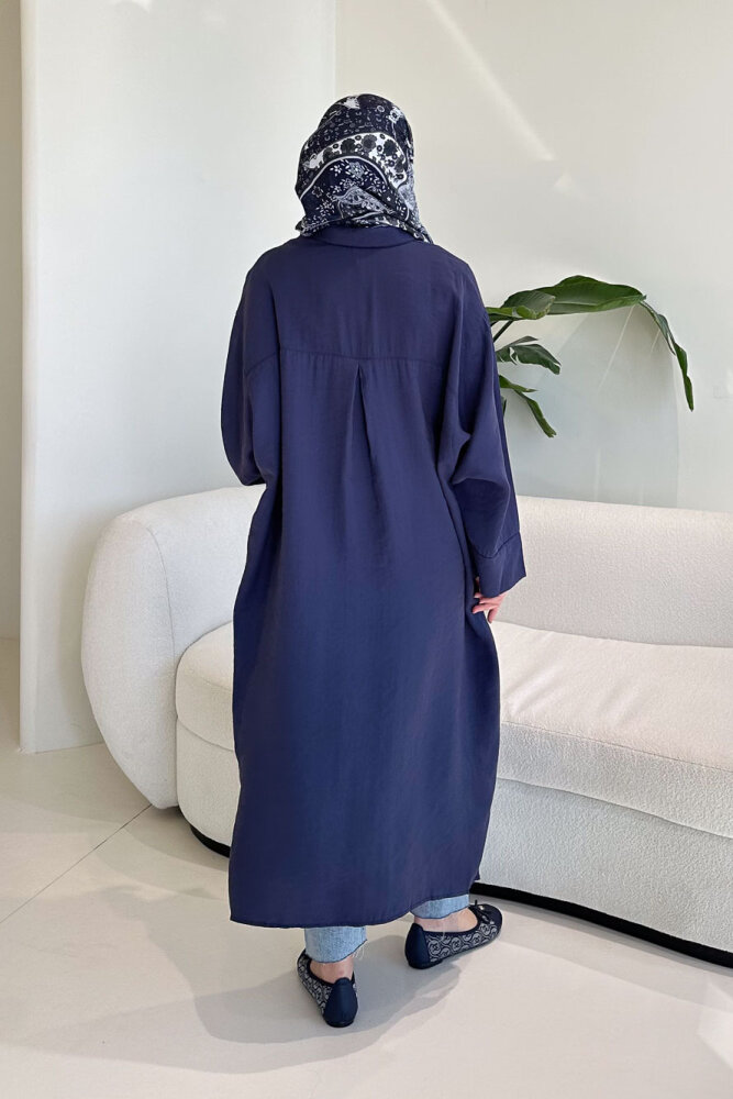 Uzun Tencel Gömlek - Lacivert - 8