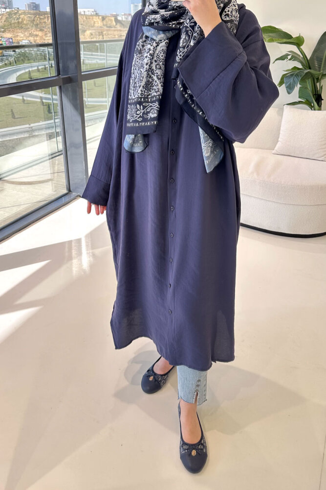 Uzun Tencel Gömlek - Lacivert - 4