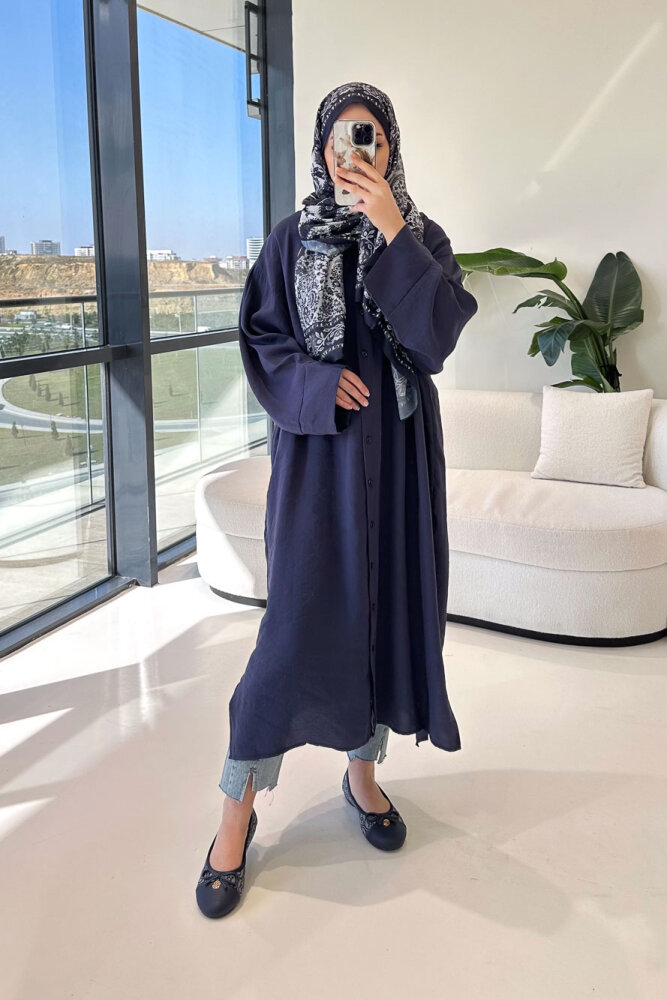 Uzun Tencel Gömlek - Lacivert - 1