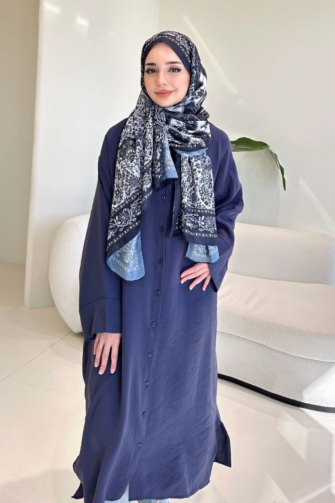 Uzun Tencel Gömlek - Lacivert - 5