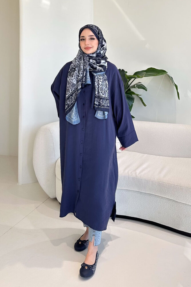 Uzun Tencel Gömlek - Lacivert - 6